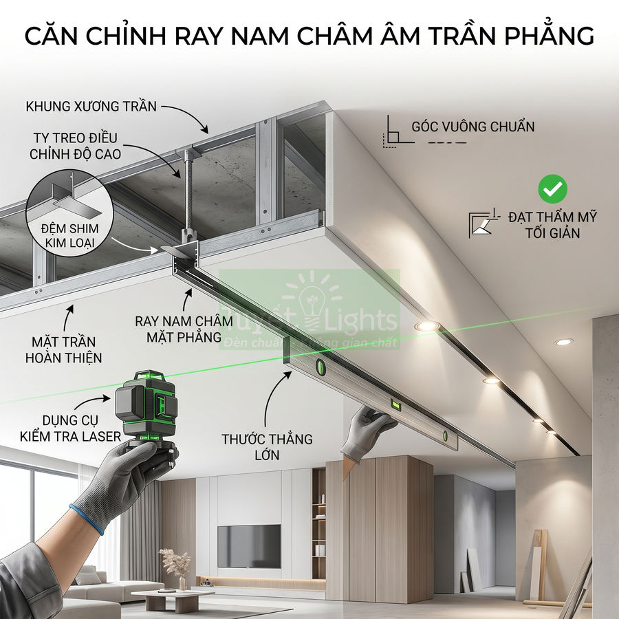 Thi công lắp đặt ray nam châm âm trần phẳng với khung xương trần và đèn downlight trong phòng khách hiện đại