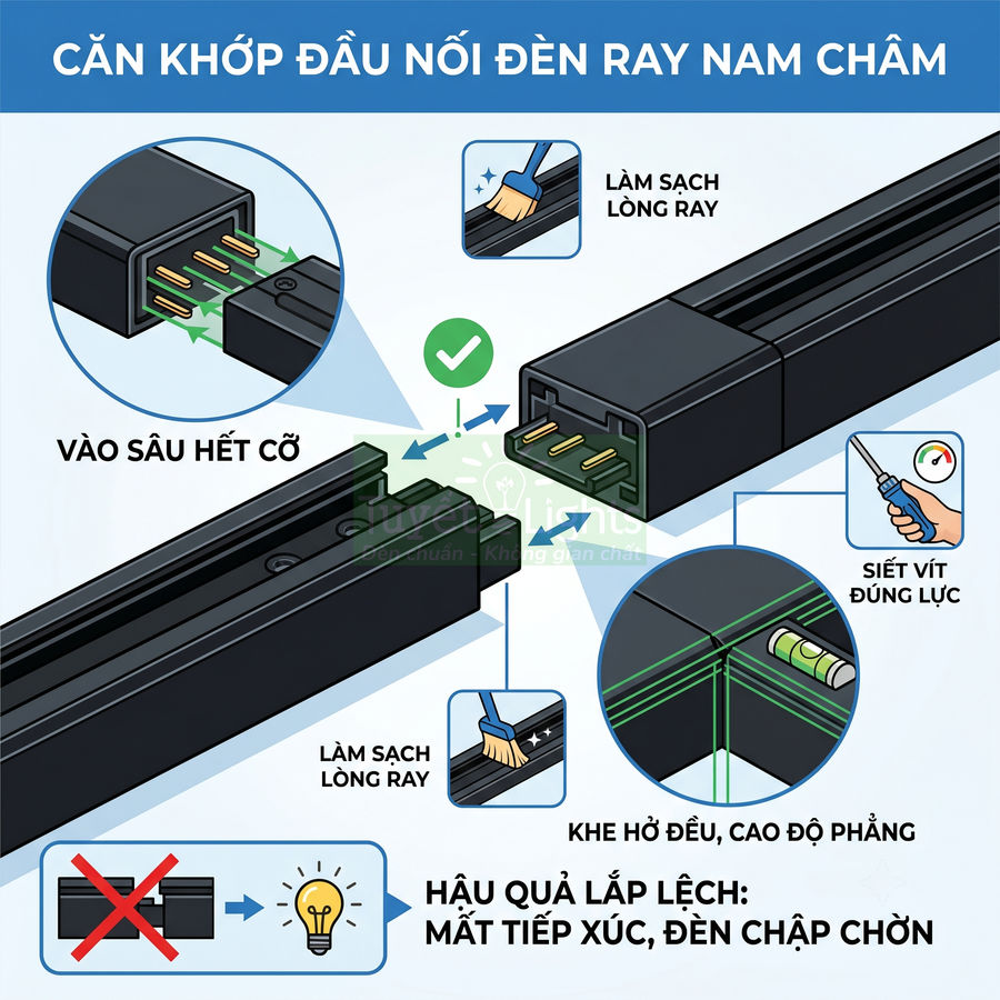Hướng dẫn căn khớp đầu nối đèn ray nam châm, làm sạch lòng ray và siết vít đúng lực để đảm bảo tiếp xúc điện