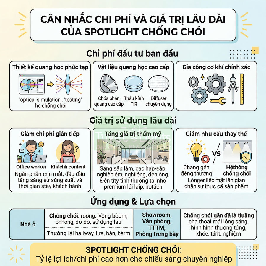 Infographic giới thiệu chi phí và giá trị lâu dài của spotlight chống chói cho nhà ở, văn phòng, showroom