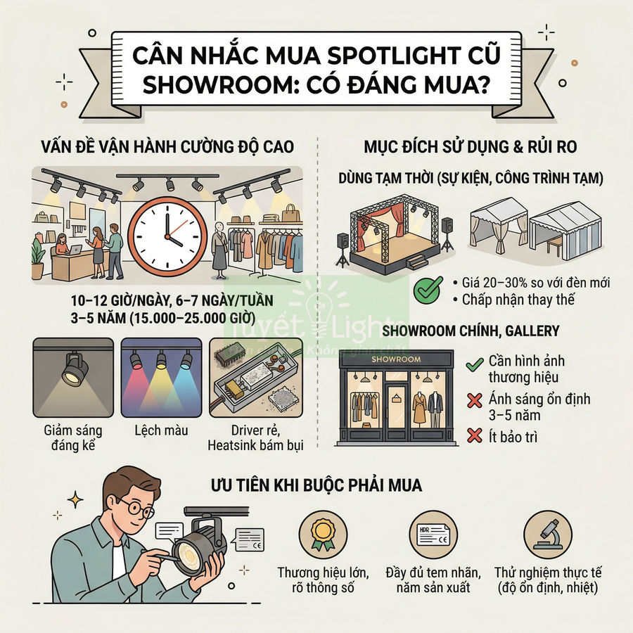 Infographic tư vấn có nên mua đèn spotlight cũ cho showroom, nêu rủi ro vận hành và tiêu chí chọn mua an toàn