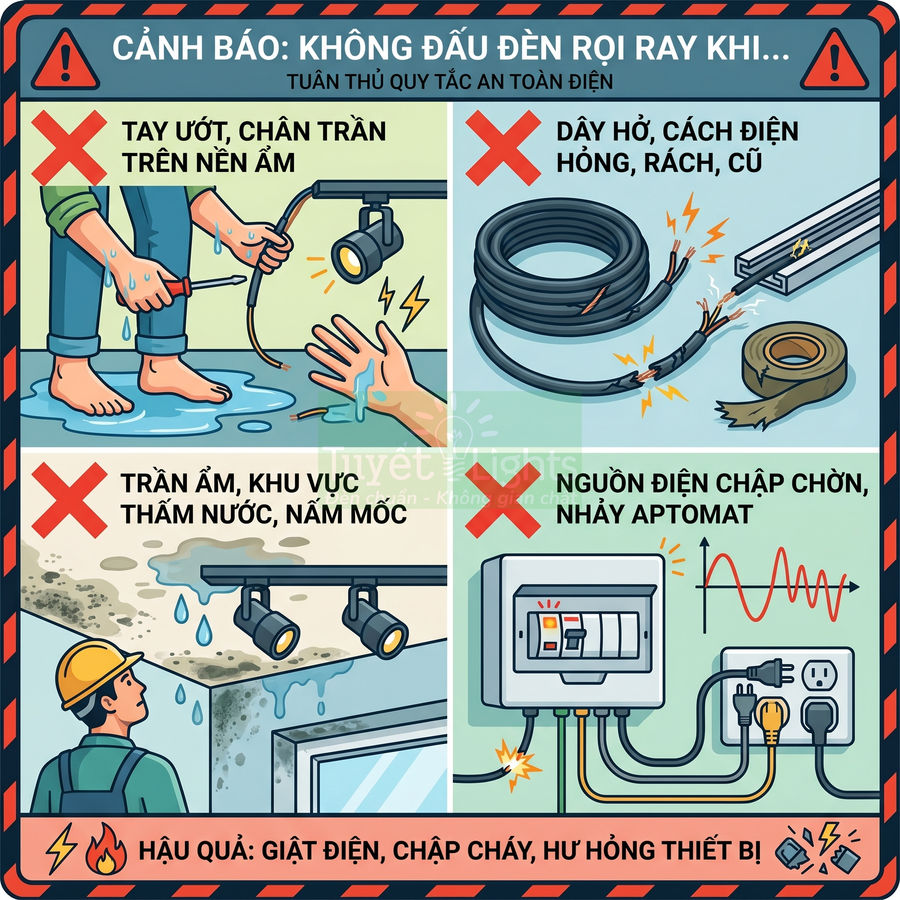 Infographic cảnh báo an toàn khi lắp đèn rọi ray, tránh tay ướt, dây điện hở, trần ẩm và nguồn điện chập chờn