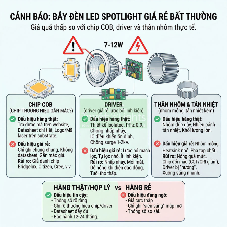 Cảnh báo bẫy đèn LED spotlight giá rẻ, so sánh chip COB, driver và thân nhôm tản nhiệt hàng thật và hàng rẻ