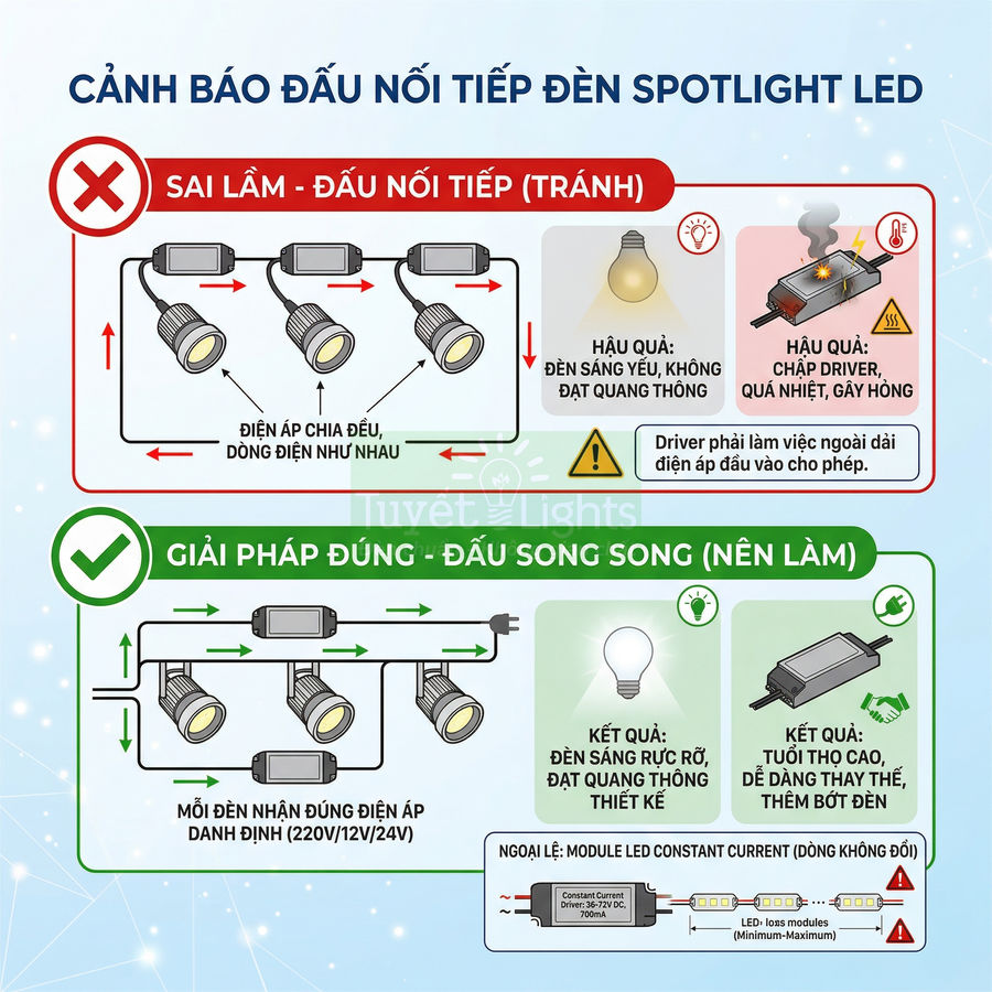 Hướng dẫn đấu nối đèn spotlight LED đúng cách, so sánh đấu nối tiếp sai và đấu song song an toàn