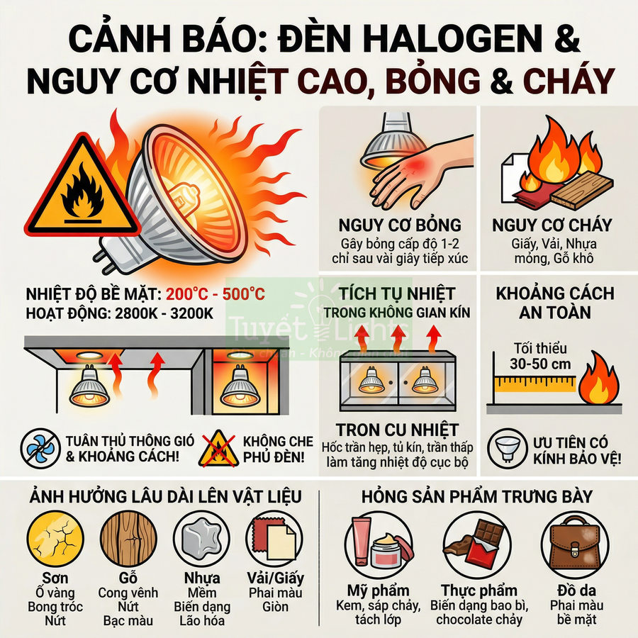 Infographic cảnh báo đèn halogen tỏa nhiệt cao gây bỏng, cháy, hư hại vật liệu và sản phẩm trưng bày