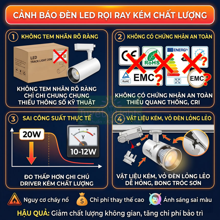 Cảnh báo các dấu hiệu nhận biết đèn LED rọi ray kém chất lượng và rủi ro khi sử dụng