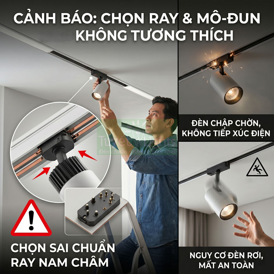 Cảnh báo chọn sai ray nam châm cho đèn rọi ray, dễ chập chờn và nguy cơ rơi đèn mất an toàn