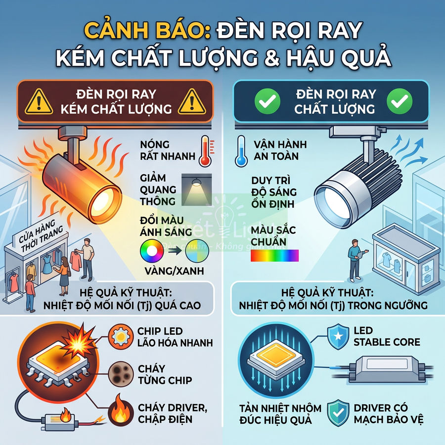 So sánh đèn rọi ray kém chất lượng và đèn rọi ray chất lượng, minh họa ưu nhược điểm và hậu quả kỹ thuật