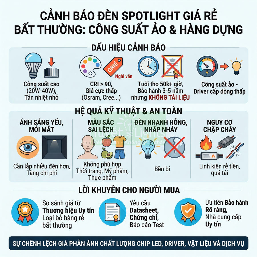 Infographic cảnh báo tác hại và dấu hiệu nhận biết đèn spotlight giá rẻ công suất ảo, hàng kém chất lượng