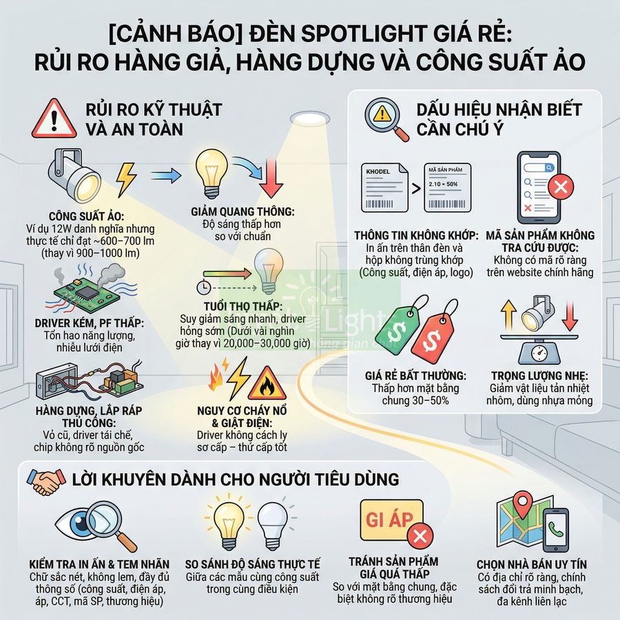 Infographic cảnh báo rủi ro khi mua đèn spotlight giá rẻ hàng giả hàng dựng và hướng dẫn chọn mua an toàn