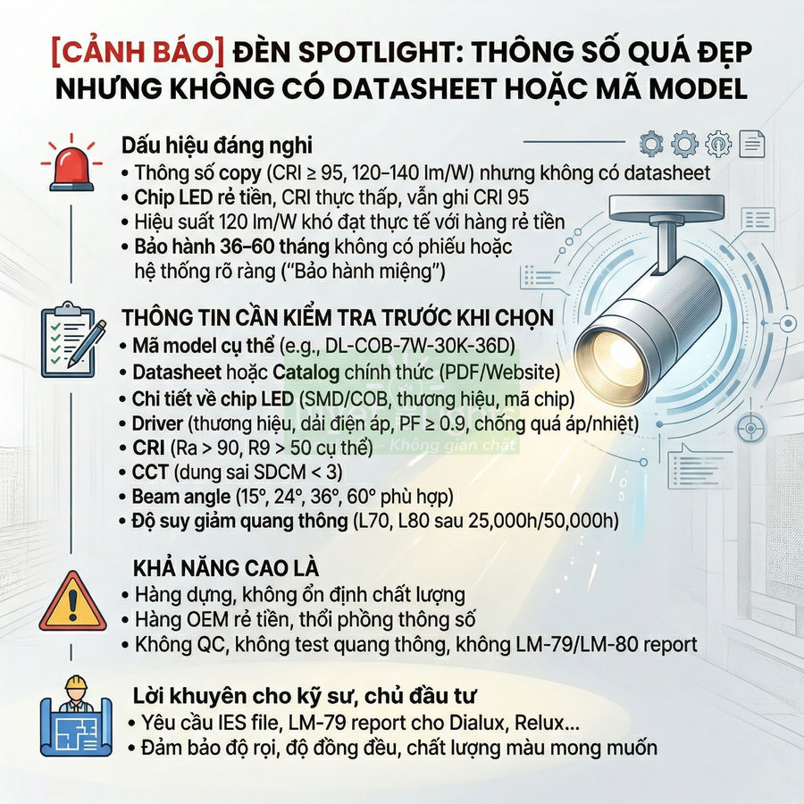 Infographic cảnh báo chọn đèn spotlight LED, nêu dấu hiệu thiếu datasheet và thông tin kỹ thuật cần kiểm tra