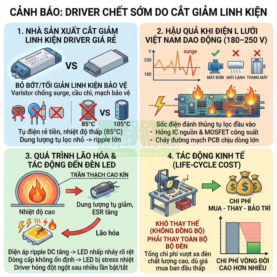 Infographic cảnh báo driver đèn LED giá rẻ cắt giảm linh kiện gây hỏng sớm và tăng chi phí thay thế