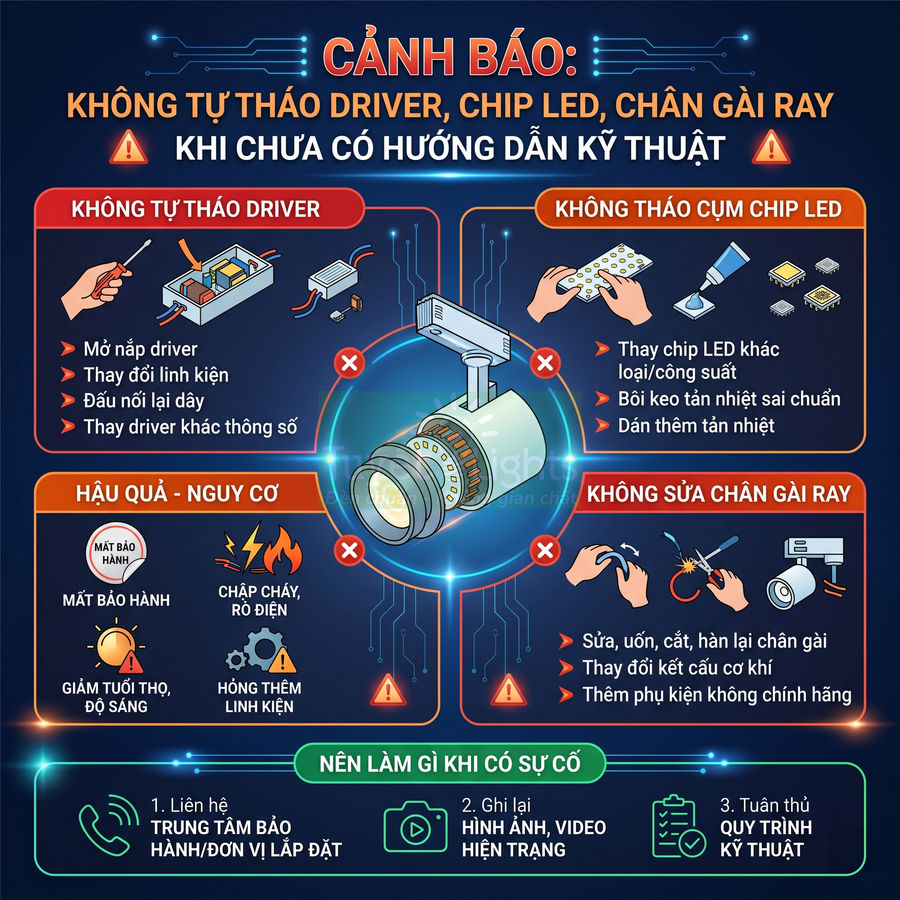 Cảnh báo không tự tháo driver, chip LED, chân gá ray đèn LED và hướng dẫn xử lý khi đèn gặp sự cố