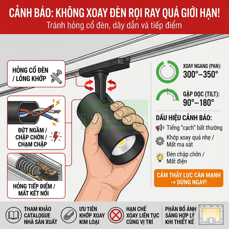 Hướng dẫn sử dụng đèn rọi ray, cảnh báo không xoay quá giới hạn để tránh hỏng cổ đèn và dây điện