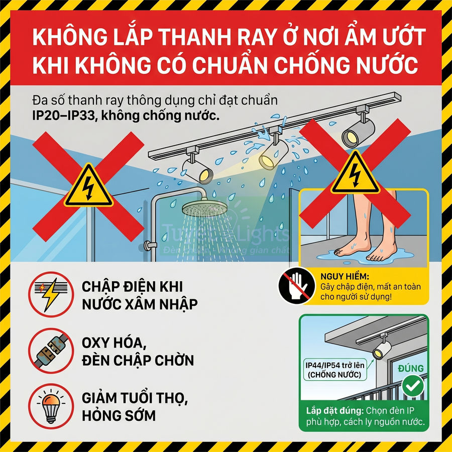 Hướng dẫn lắp đặt đèn ray chiếu sáng chống nước IP44 IP54, tránh lắp ở khu vực ẩm ướt gần vòi sen