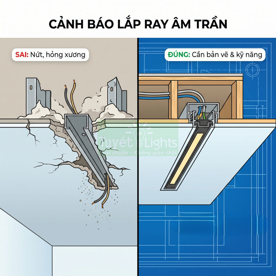 Minh họa lắp ray đèn âm trần đúng và sai, cảnh báo nứt vỡ trần khi thi công sai kỹ thuật