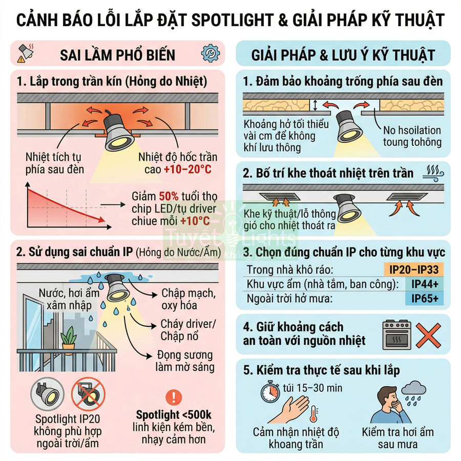 Hướng dẫn lắp đặt đèn spotlight đúng kỹ thuật, tránh lỗi nhiệt và nước, chọn chuẩn IP phù hợp từng khu vực