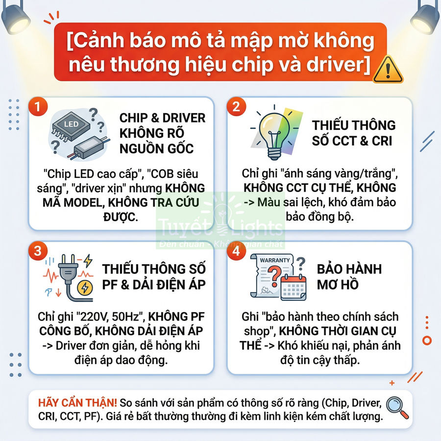 Infographic cảnh báo khi mua đèn LED giá rẻ thiếu thông tin chip, driver, thông số kỹ thuật và bảo hành mơ hồ