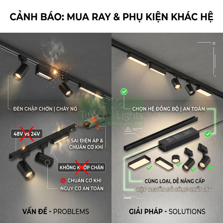 Hệ thống đèn ray chiếu sáng 48V đồng bộ với phụ kiện và hộp nguồn an toàn, tránh chập cháy khi lắp sai hệ