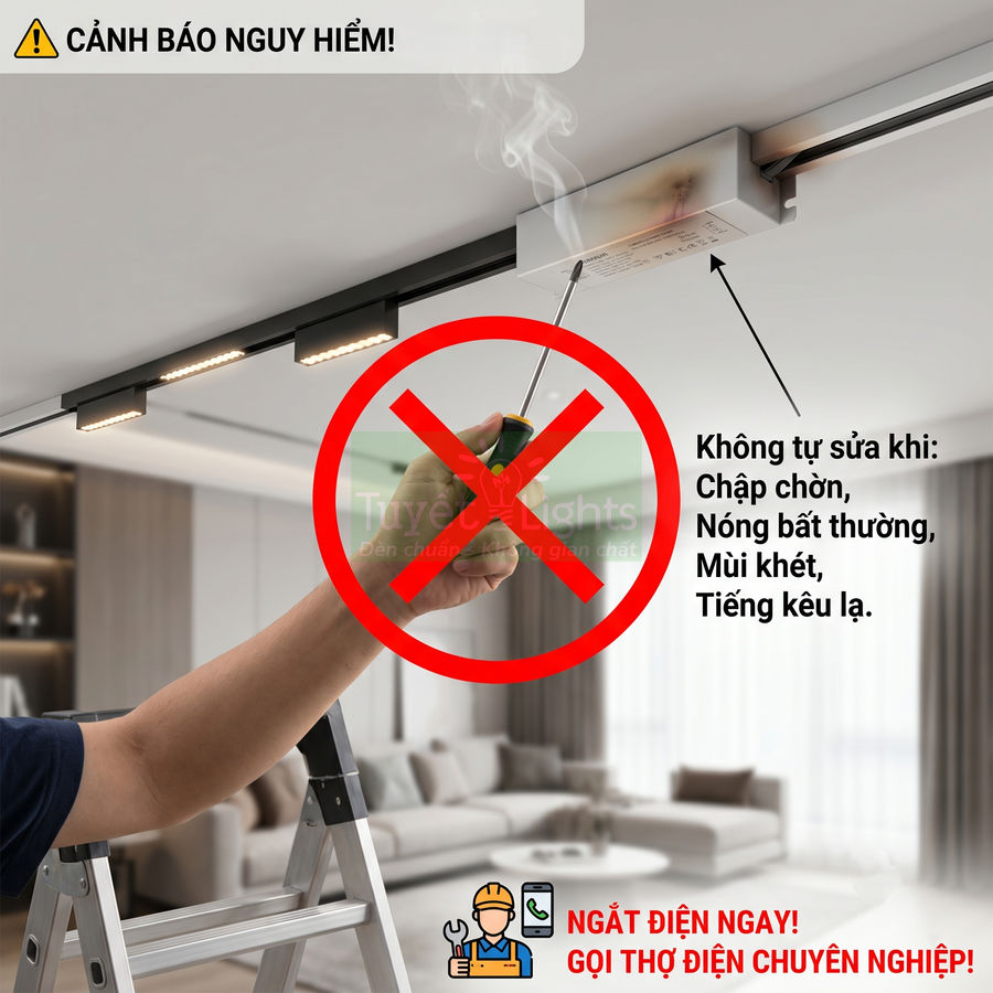 Cảnh báo không tự sửa đèn ray trượt âm trần bị cháy khét, khuyên ngắt điện và gọi thợ điện chuyên nghiệp