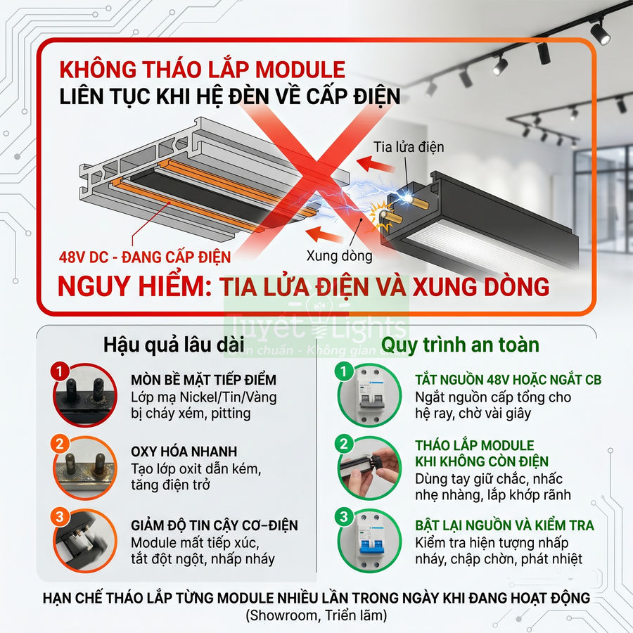 Hướng dẫn an toàn tháo lắp module đèn ray 48V DC, cảnh báo tia lửa điện và quy trình tắt nguồn trước khi thao tác