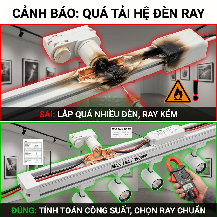 So sánh hệ đèn ray quá tải cháy đen với hệ đèn ray chuẩn 16A 3500W lắp đúng công suất trong phòng trưng bày