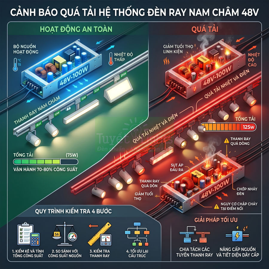 Minh họa cảnh báo quá tải hệ thống đèn ray nam châm 48V với bộ nguồn 48V 100W và giải pháp tối ưu