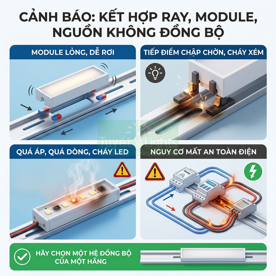 Cảnh báo nguy hiểm khi dùng ray trượt và module đèn LED không đồng bộ, khuyến nghị chọn trọn bộ ray đèn một hãng