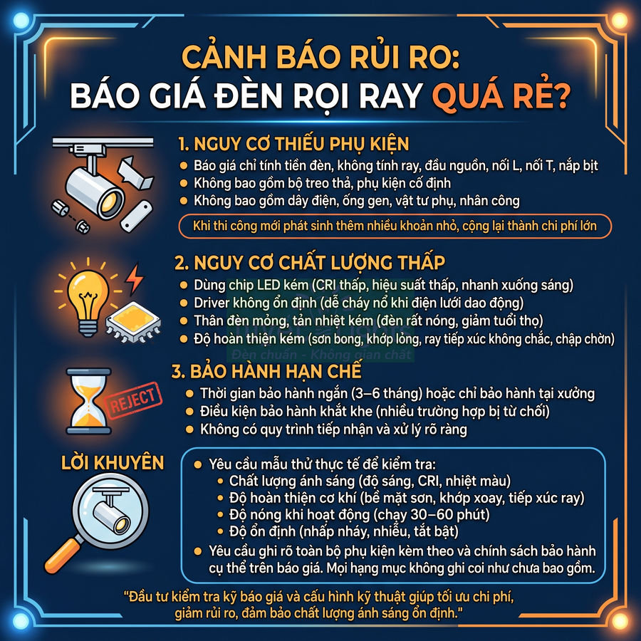 Infographic cảnh báo rủi ro khi chọn mua đèn rọi ray giá rẻ và lưu ý về chất lượng, phụ kiện, bảo hành
