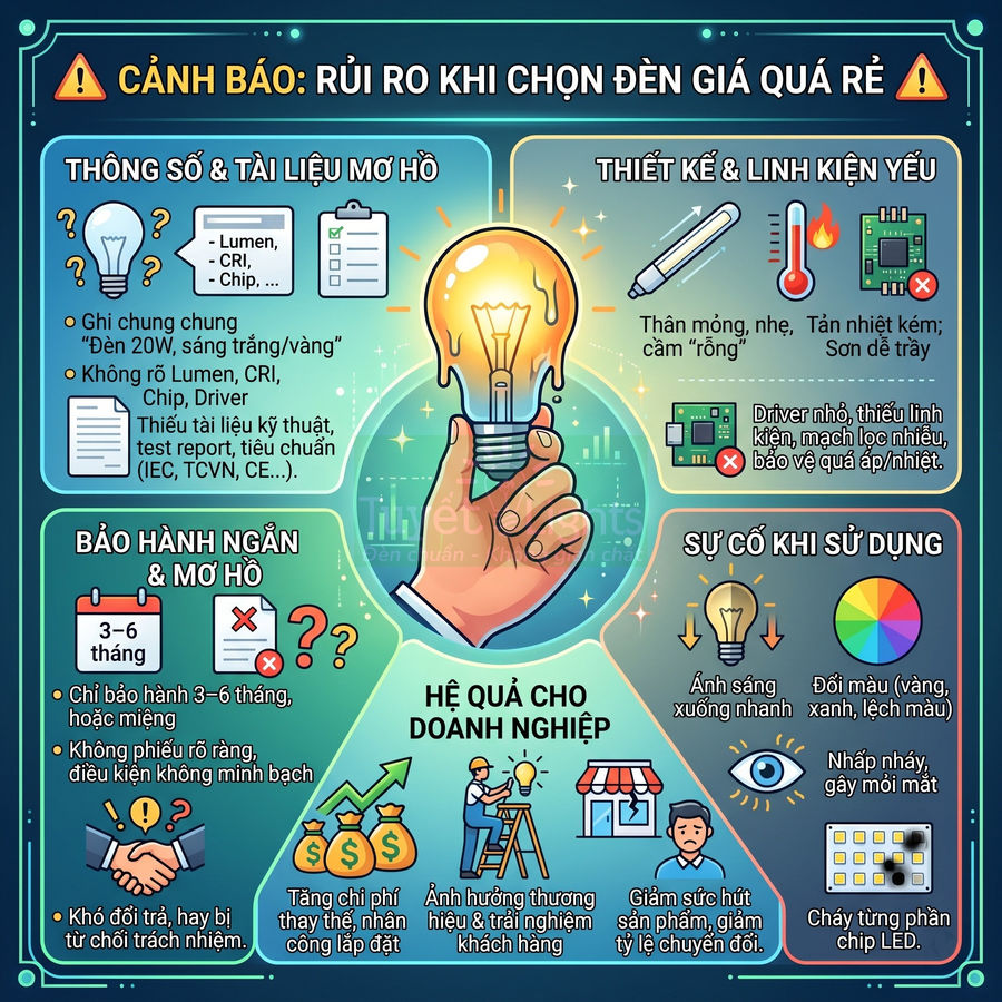 Infographic cảnh báo rủi ro khi chọn mua đèn LED giá rẻ với các vấn đề về chất lượng và hậu quả cho doanh nghiệp