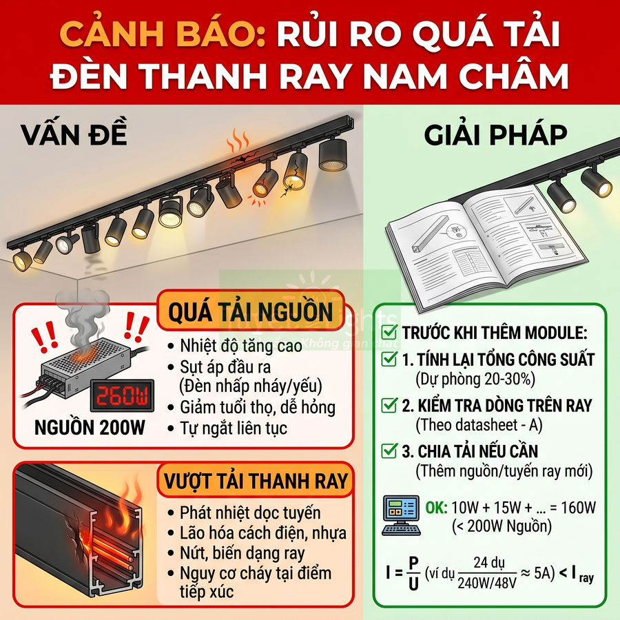 Cảnh báo quá tải đèn thanh ray nam châm, minh họa nguồn và thanh ray bị nóng cháy và hướng dẫn tính công suất an toàn