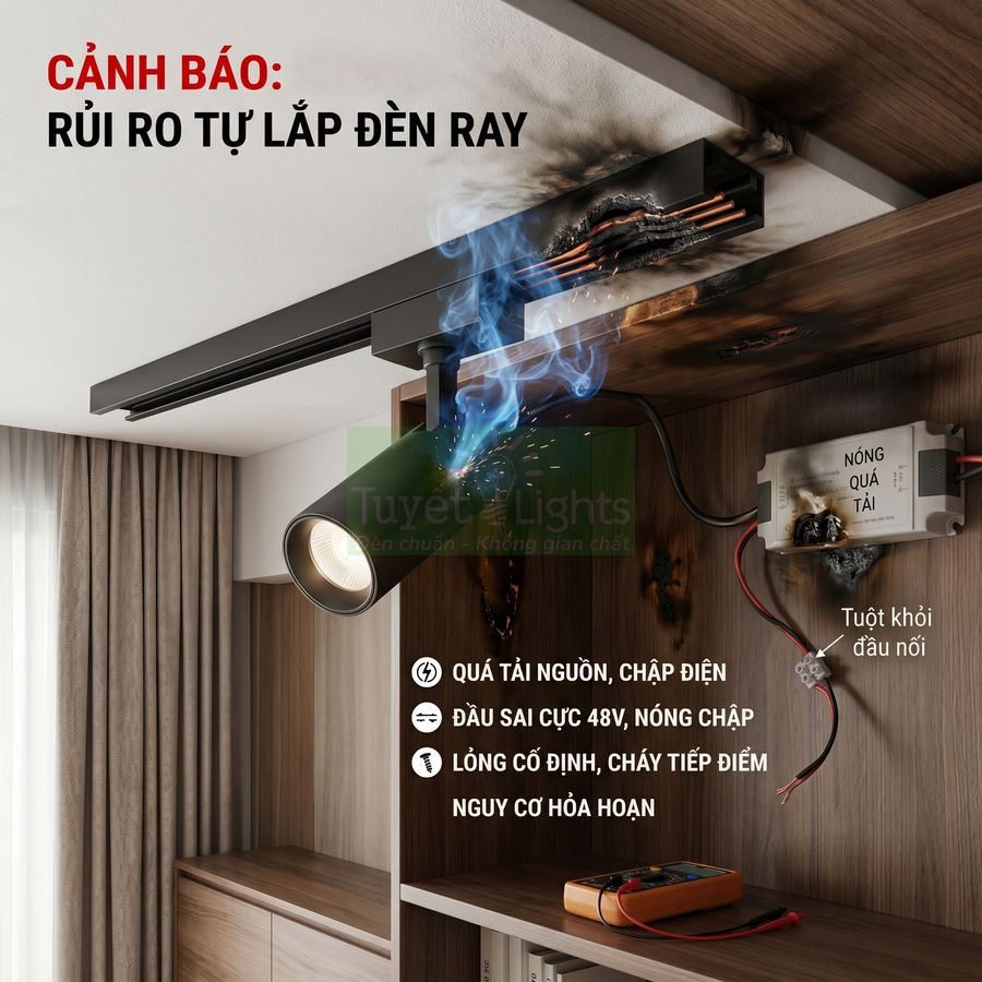 Đèn ray chiếu điểm bị chập cháy, dây điện quá tải và đầu nối tuột gây nguy cơ hỏa hoạn trong nhà