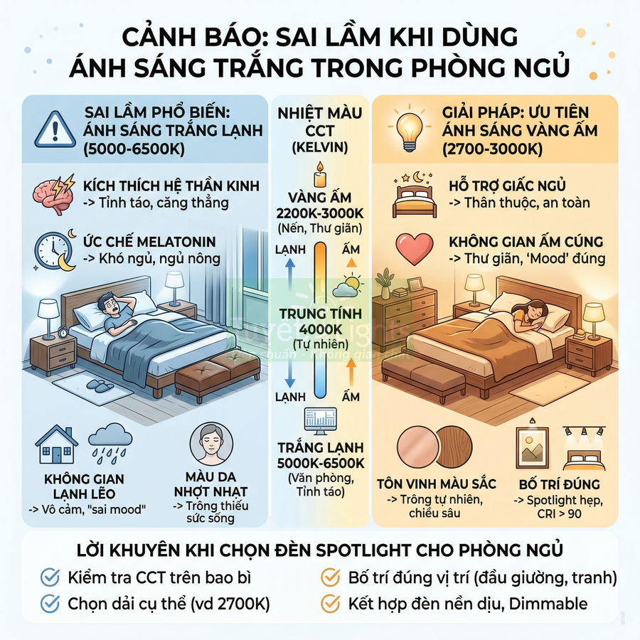 Infographic hướng dẫn chọn nhiệt màu đèn ngủ, so sánh ánh sáng trắng lạnh và ánh sáng vàng ấm trong phòng ngủ