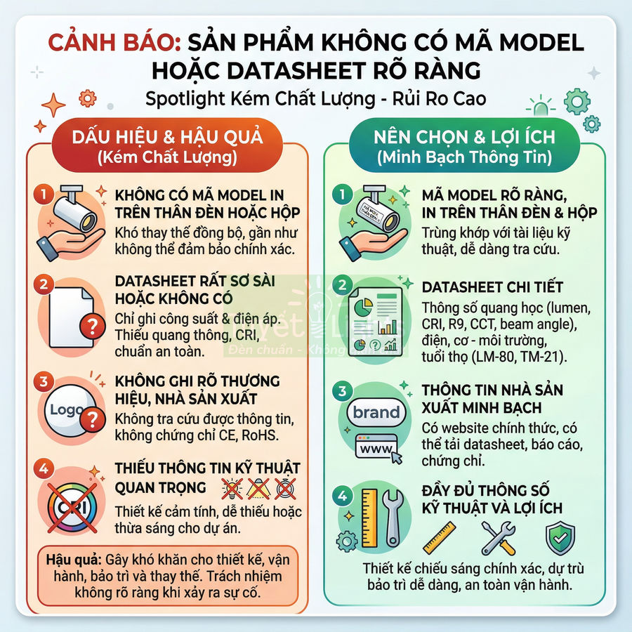 Infographic cảnh báo chọn mua đèn spotlight có mã model và datasheet rõ ràng, so sánh sản phẩm kém chất lượng và minh bạch