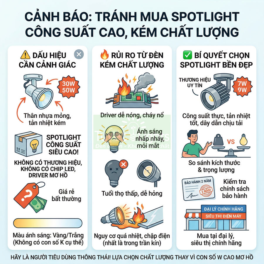 Infographic cảnh báo rủi ro khi mua đèn spotlight công suất cao kém chất lượng và hướng dẫn chọn đèn bền đẹp