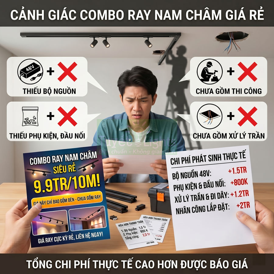 Người đàn ông xem báo giá combo ray nam châm giá rẻ với nhiều chi phí phát sinh và thiếu phụ kiện, thi công