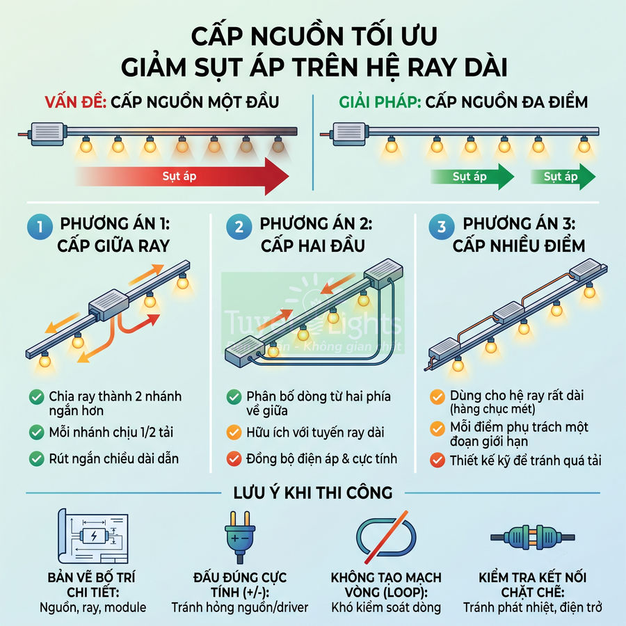 Hướng dẫn cấp nguồn tối ưu giảm sụt áp cho hệ ray đèn LED dài với ba phương án đấu nối