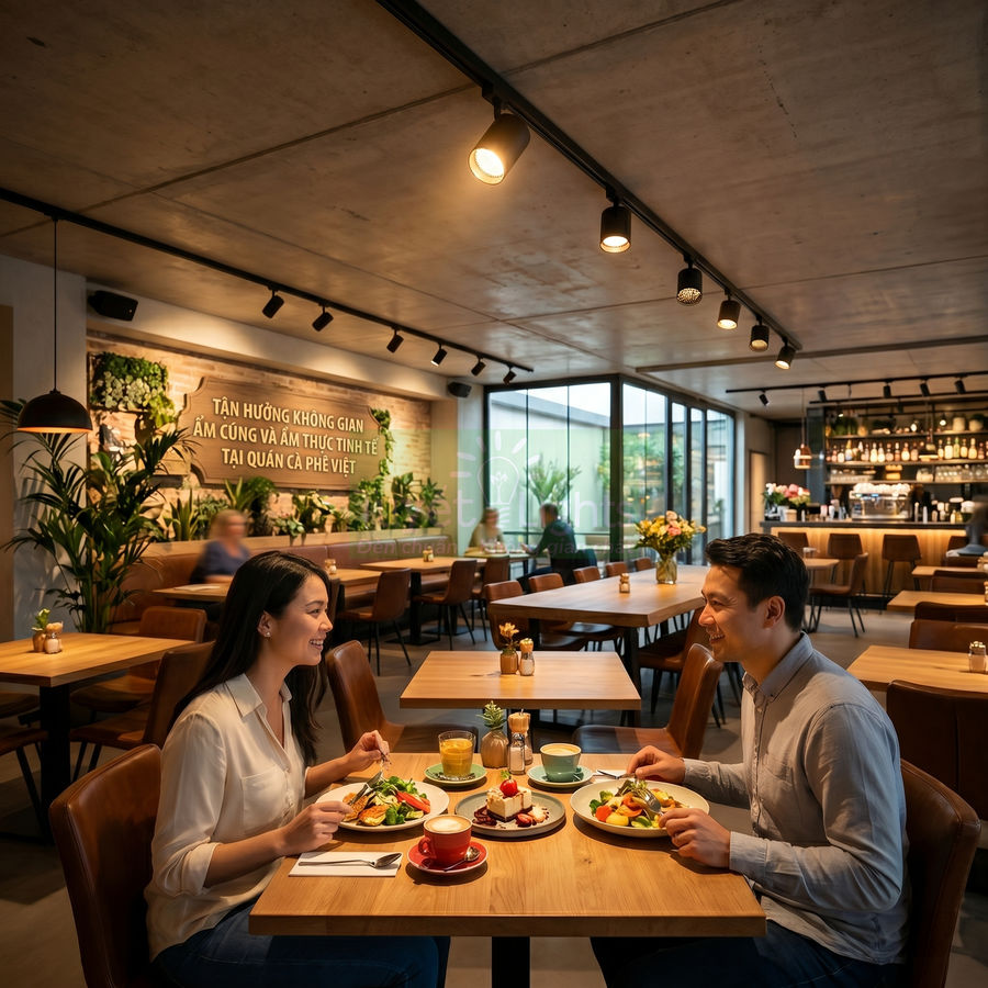 Cặp đôi thưởng thức bữa ăn sáng với cà phê trong quán cà phê Việt hiện đại, không gian ấm cúng