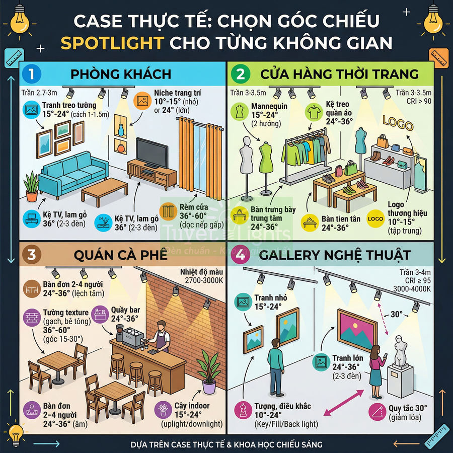 Infographic hướng dẫn chọn góc chiếu đèn spotlight cho phòng khách, cửa hàng thời trang, quán cà phê và gallery nghệ thuật