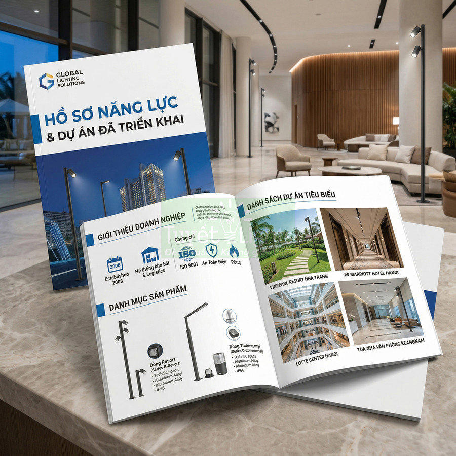 Catalogue hồ sơ năng lực Global Lighting Solutions trưng bày trên bàn đá trong sảnh văn phòng hiện đại