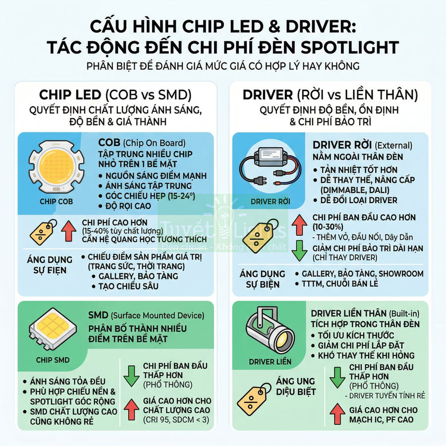 Infographic cấu hình chip LED COB và SMD cùng driver rời và liền thân, so sánh ảnh hưởng đến chi phí đèn spotlight