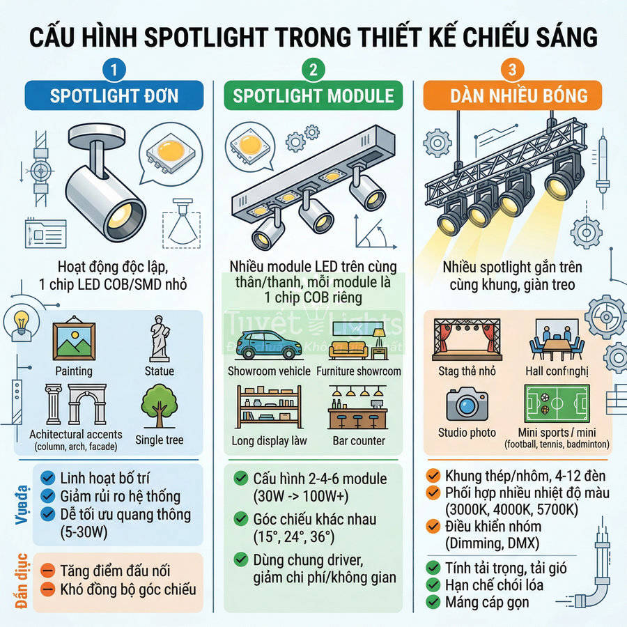 Cấu hình đèn spotlight LED đơn, module và dàn nhiều bóng trong thiết kế chiếu sáng nội thất