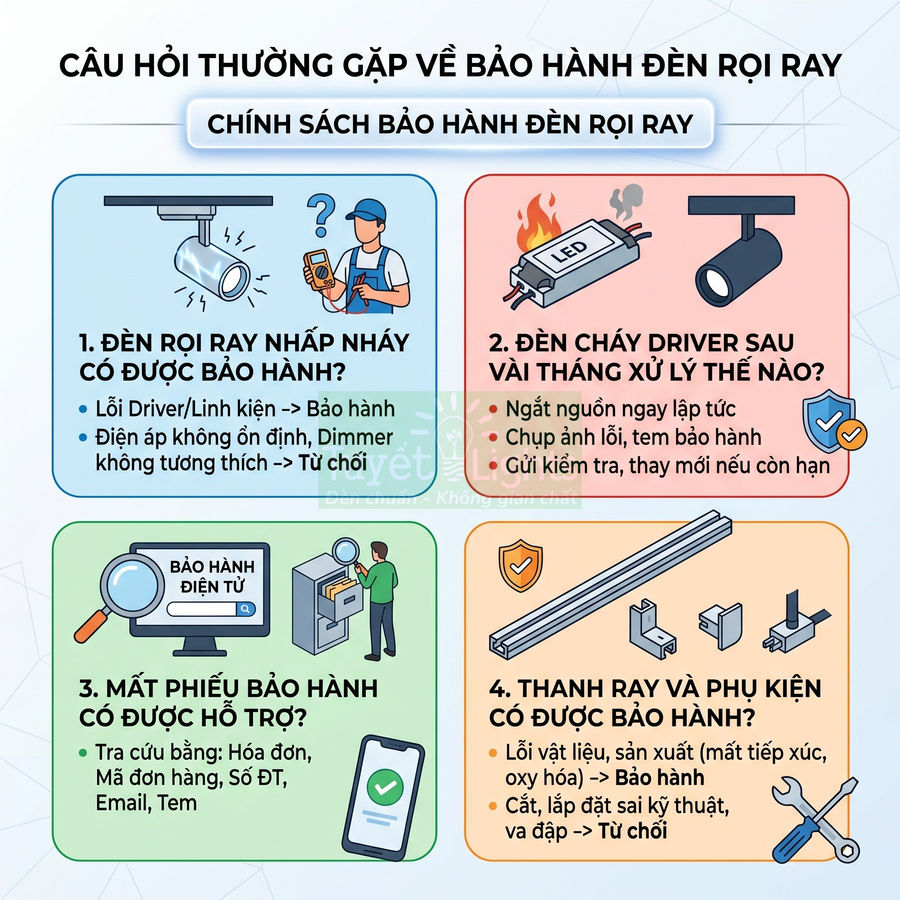 Infographic chính sách bảo hành đèn rọi ray, hướng dẫn xử lý lỗi nhấp nháy, cháy driver, mất phiếu và bảo hành thanh ray