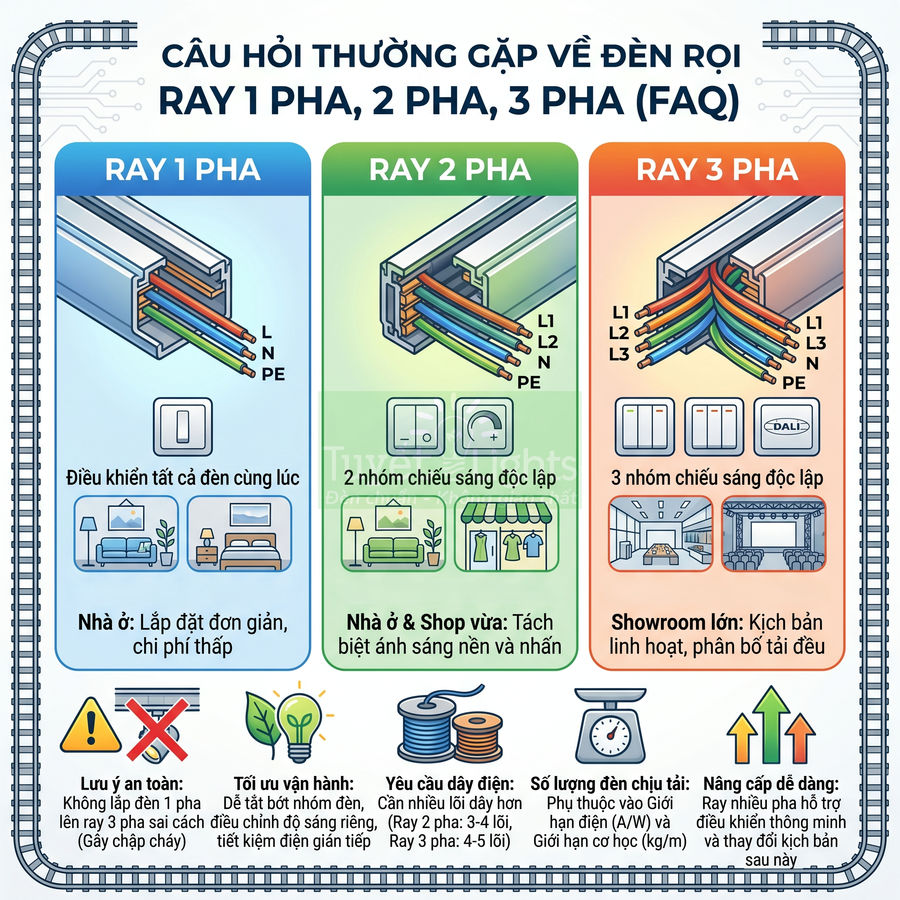 So sánh ray đèn rọi 1 pha 2 pha 3 pha và ứng dụng cho nhà ở shop showroom