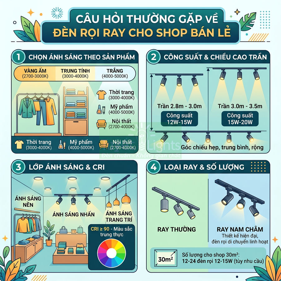 Infographic hướng dẫn chọn đèn rọi ray cho shop bán lẻ theo màu ánh sáng, công suất, lớp ánh sáng và loại ray