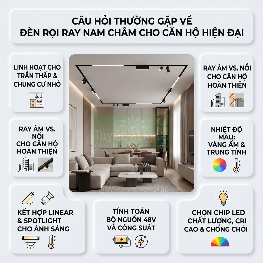 Phòng khách căn hộ hiện đại lắp đèn rọi ray nam châm âm trần chiếu sáng nội thất sang trọng