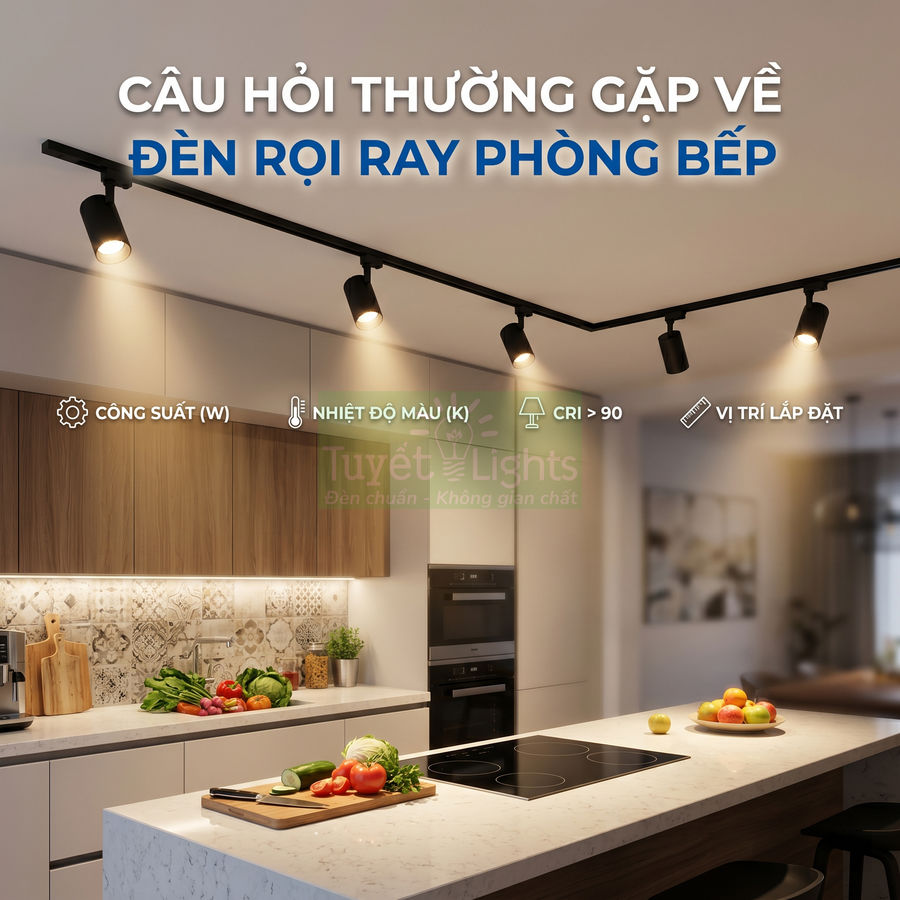 Đèn rọi ray phòng bếp chiếu sáng quầy bếp hiện đại với rau củ và trái cây trên mặt bàn