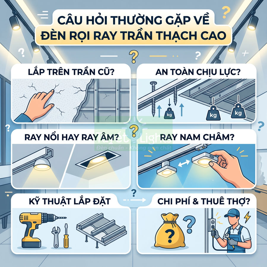 Các câu hỏi thường gặp về đèn rọi ray trần thạch cao, so sánh ray nổi, ray âm và ray nam châm, lắp đặt và chi phí