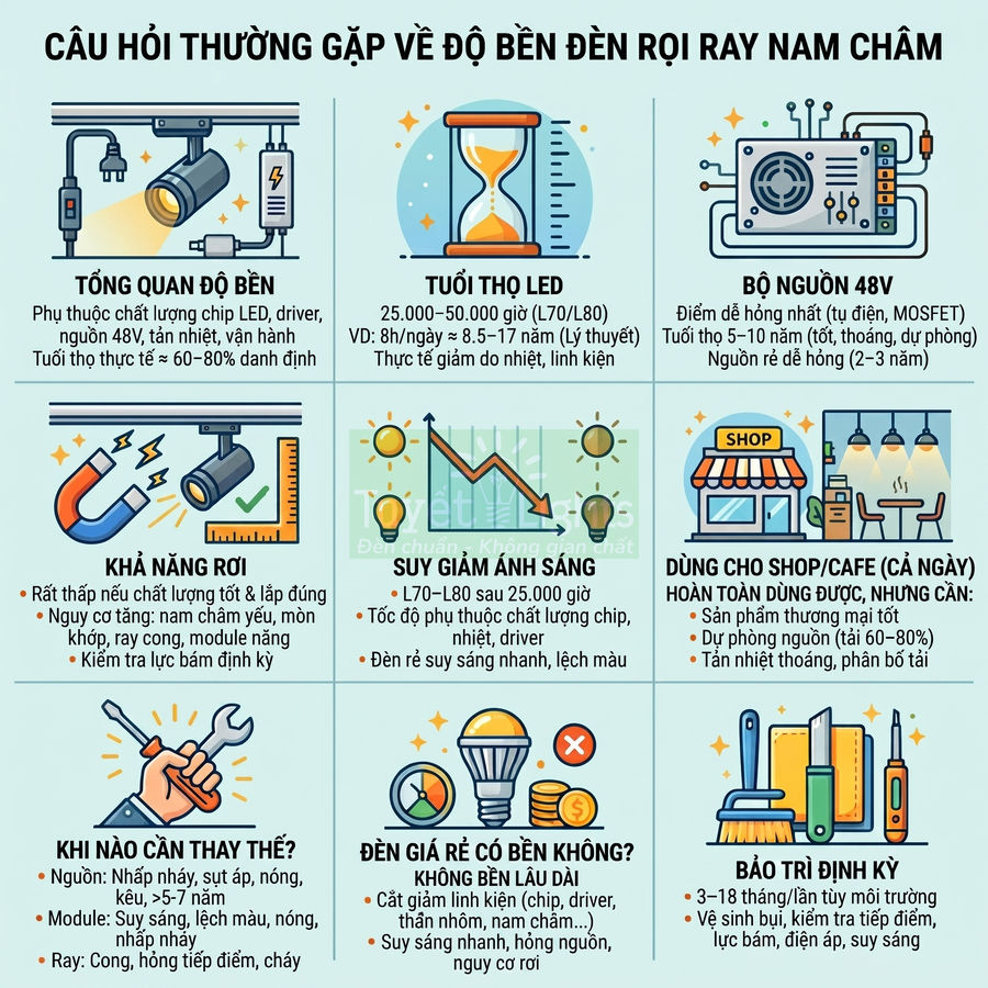 Infographic giải đáp câu hỏi về độ bền, tuổi thọ và bảo trì đèn rọi ray nam châm LED