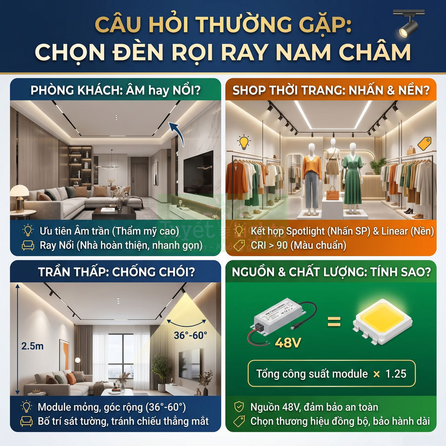 Infographic hướng dẫn chọn đèn rọi ray nam châm cho phòng khách, shop thời trang, trần thấp và nguồn 48V an toàn