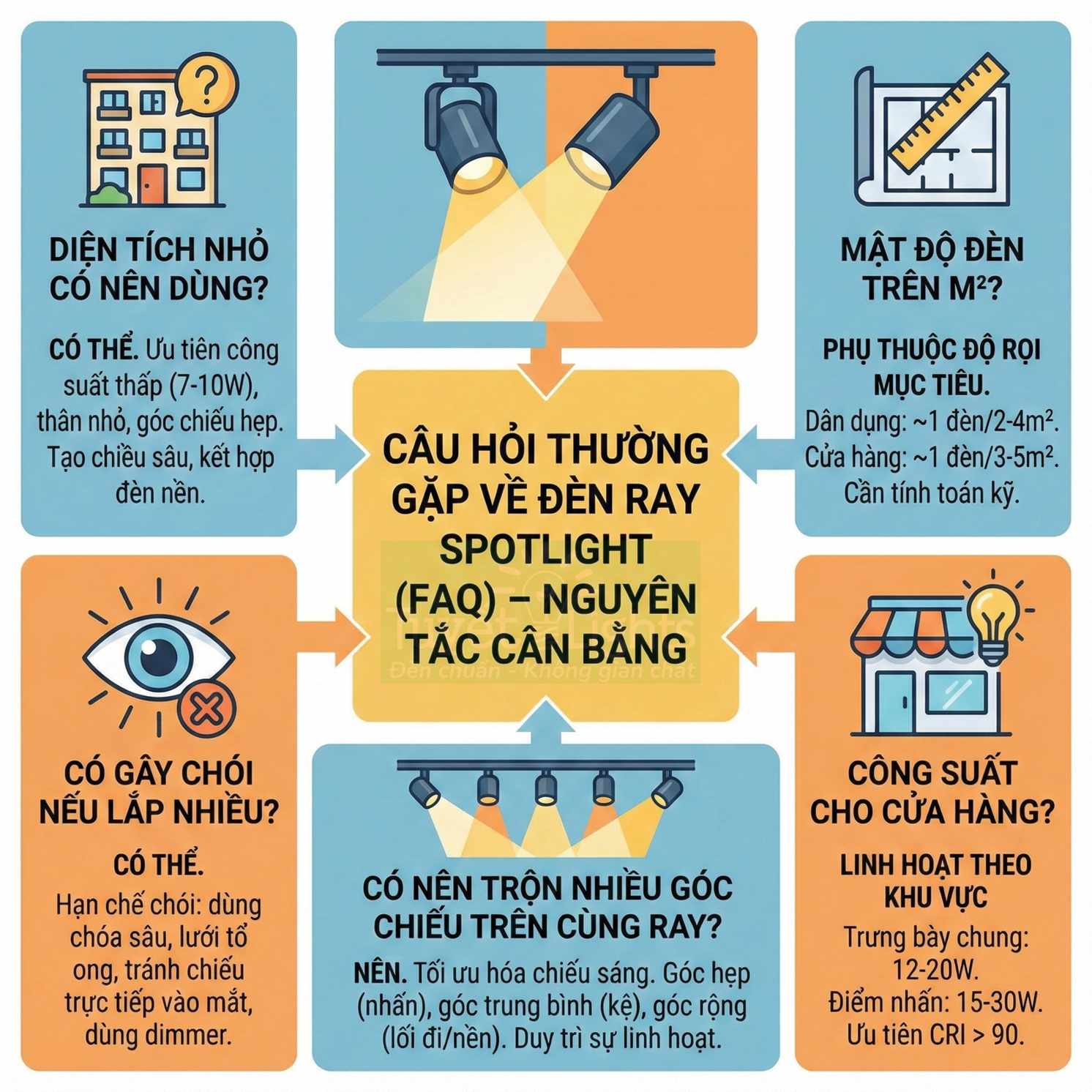 Infographic hướng dẫn chọn và lắp đặt đèn ray spotlight cho nhà ở và cửa hàng, tối ưu công suất và góc chiếu
